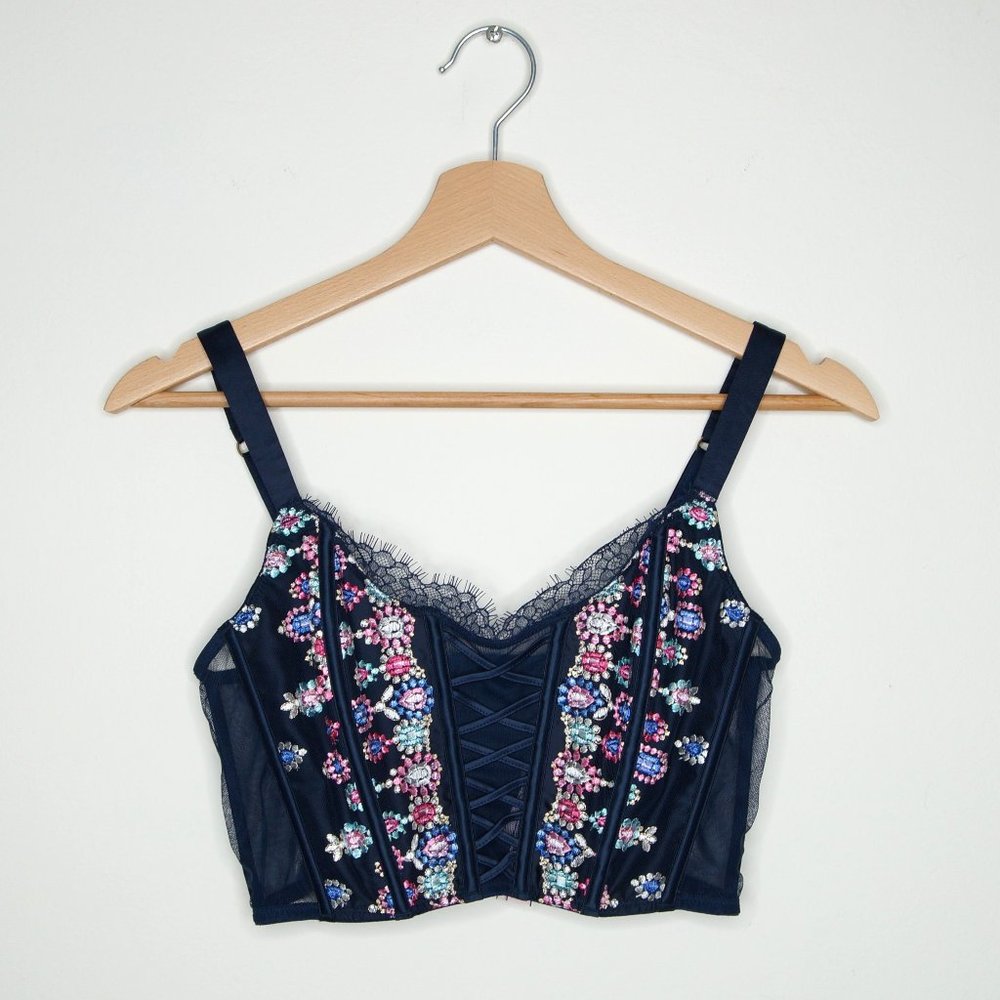 NWT Victoria's Secret Sheer Embroidered Corset Top Navy Small
